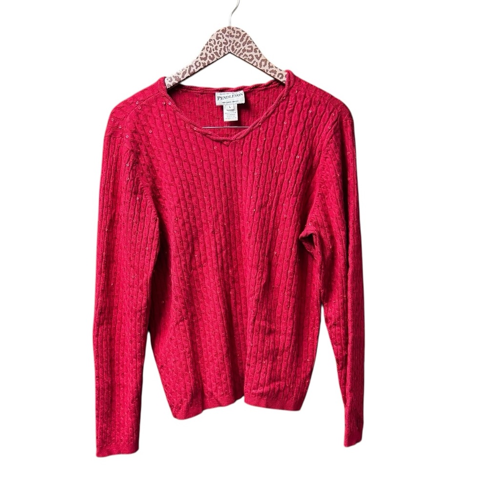 Vintage Pendleton Long Sleeve Cable Knit V-Neck Sweater Sequin Red Large
